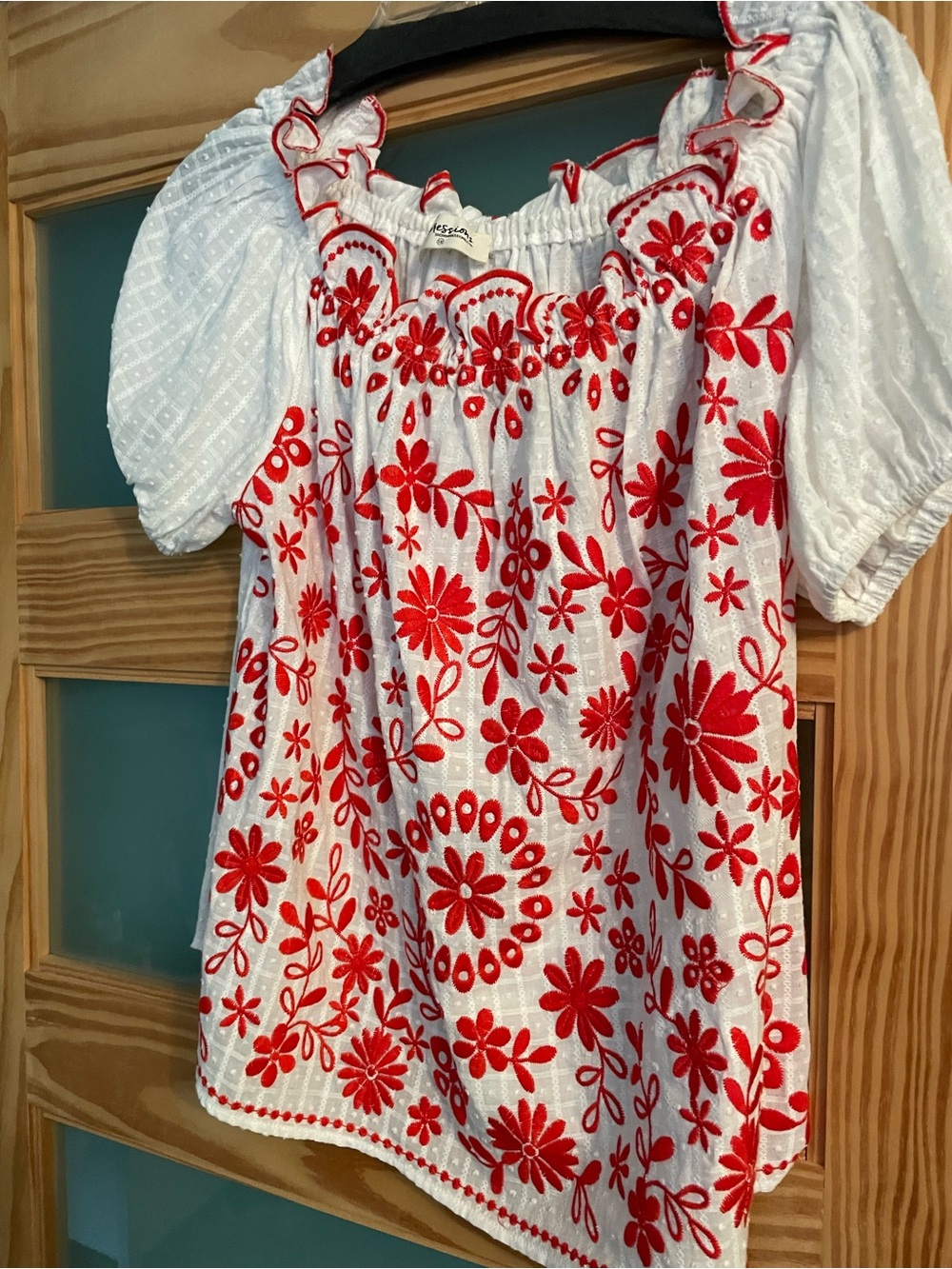 Impressions White Peasant Top with Red Floral Embroidery